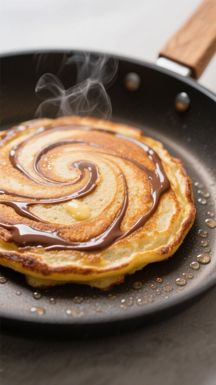 Close-up detail: A just-cooked Nutella-swirl pancake on a buttered nonstick skillet, golden-brown su