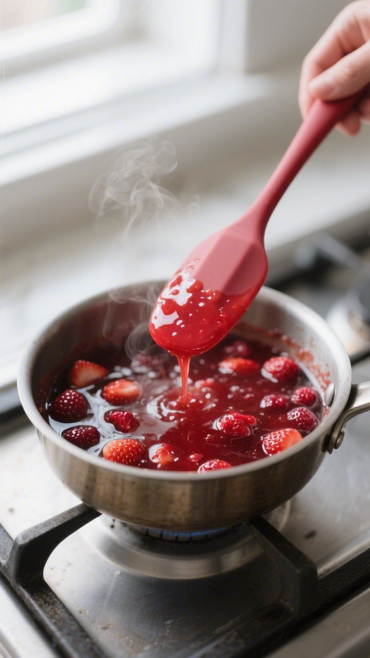 Close-up detail: Jammy strawberry reduction simmered to a glossy, spoonable thickness in a small sau