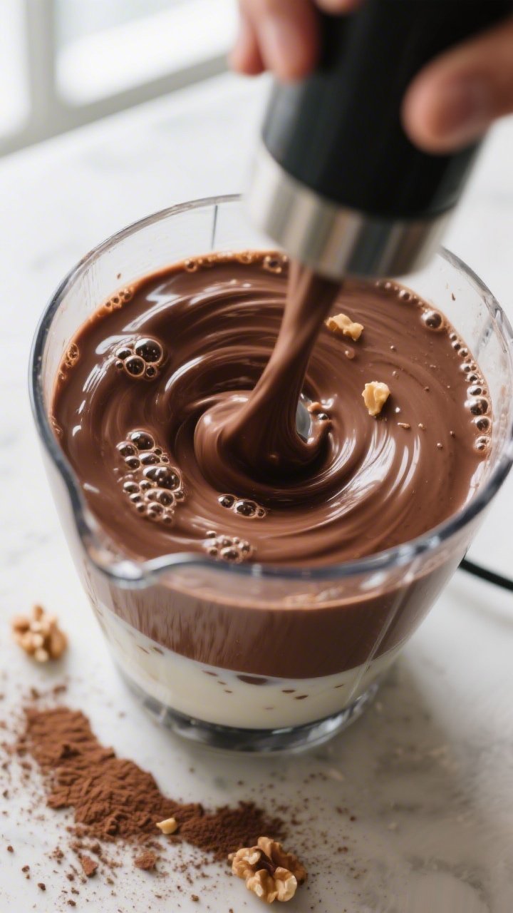 Cooking process – chocolate smoothie blending: Close-up of a high-speed blender mid-whirl with a t
