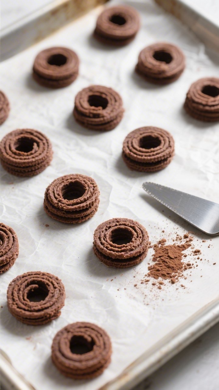 Cooking process: Overhead shot of uniformly rolled and cut chocolate wafer rounds on a parchment-lin