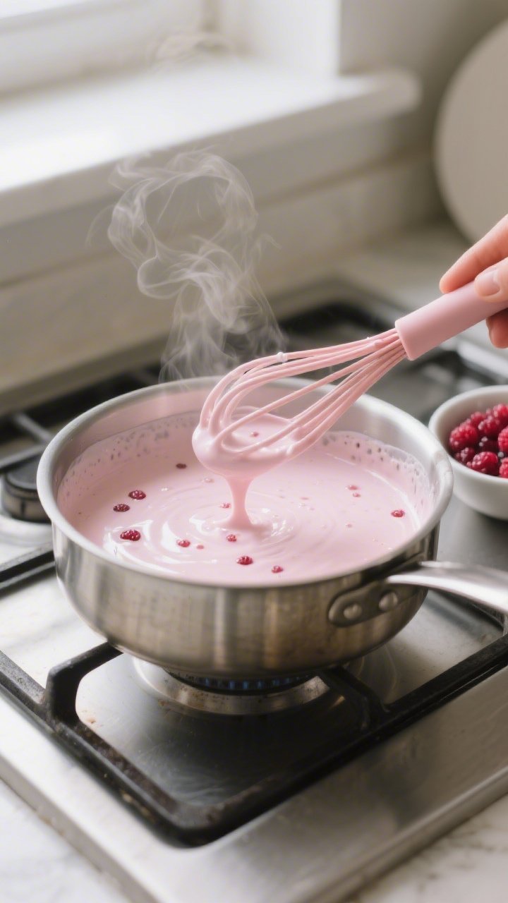 Cooking process: Raspberry pudding base thickening in a stainless saucepan over medium heat, glossy 