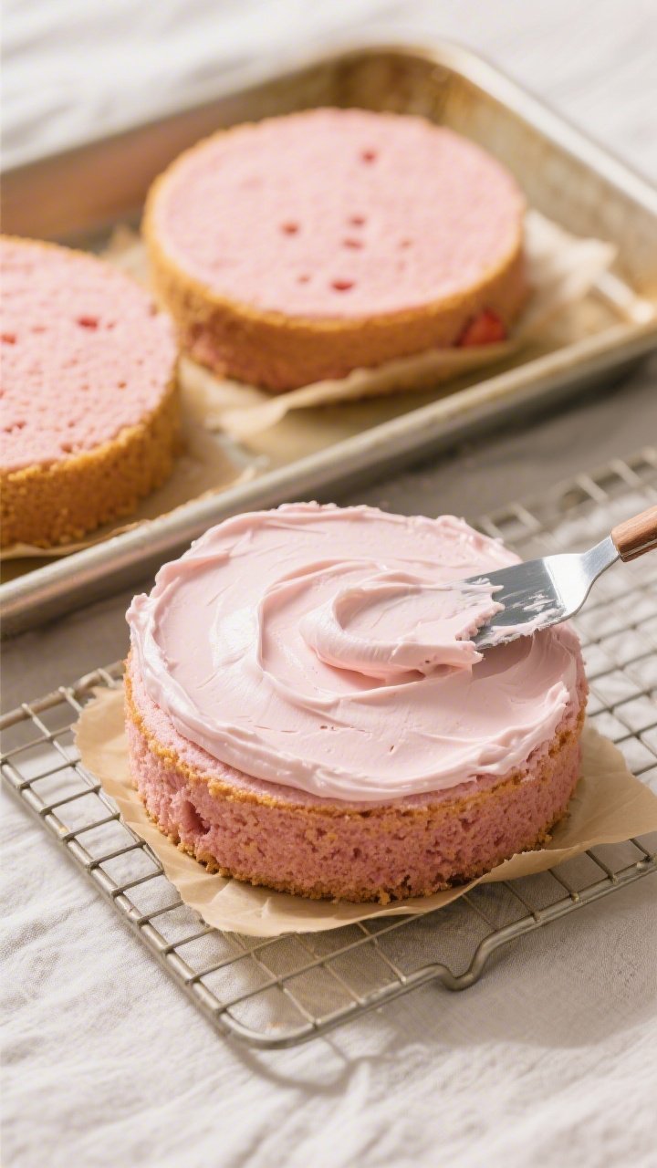 Cooking process: Strawberry cake layers just out of the pans on a cooling rack, golden edges with a 