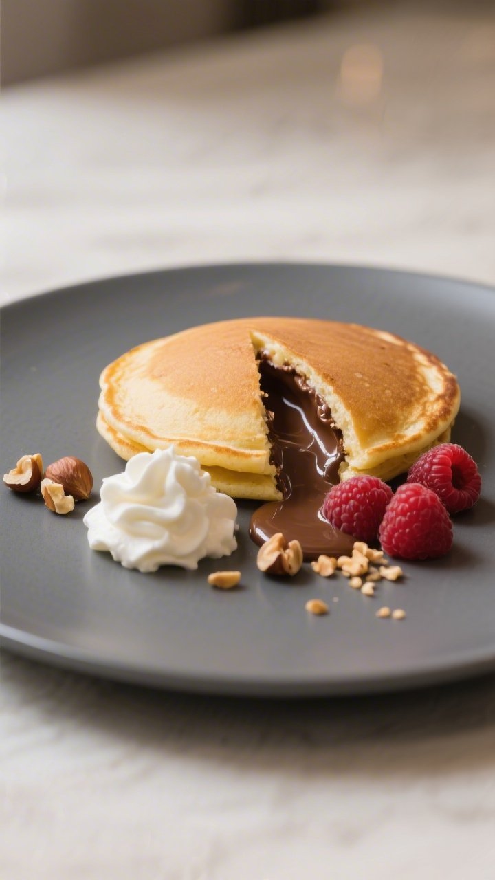 Final dish presentation: A single stuffed Nutella pancake cut to reveal a molten, gooey Nutella cent