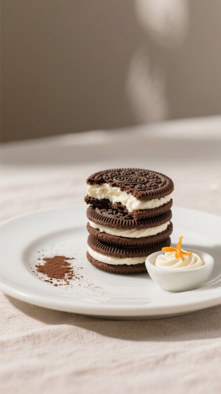 Final dish presentation: Beautifully plated stack of finished Oreo-style sandwich cookies on a matte