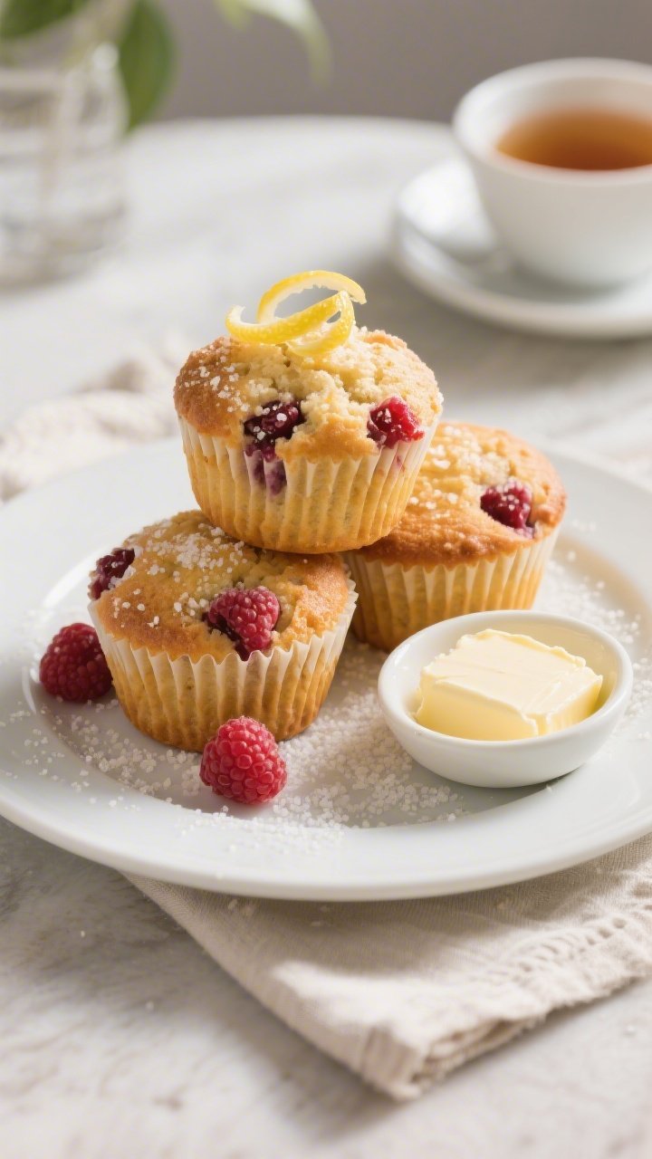 Final dish presentation: Restaurant-quality plate with three golden raspberry muffins stacked casual