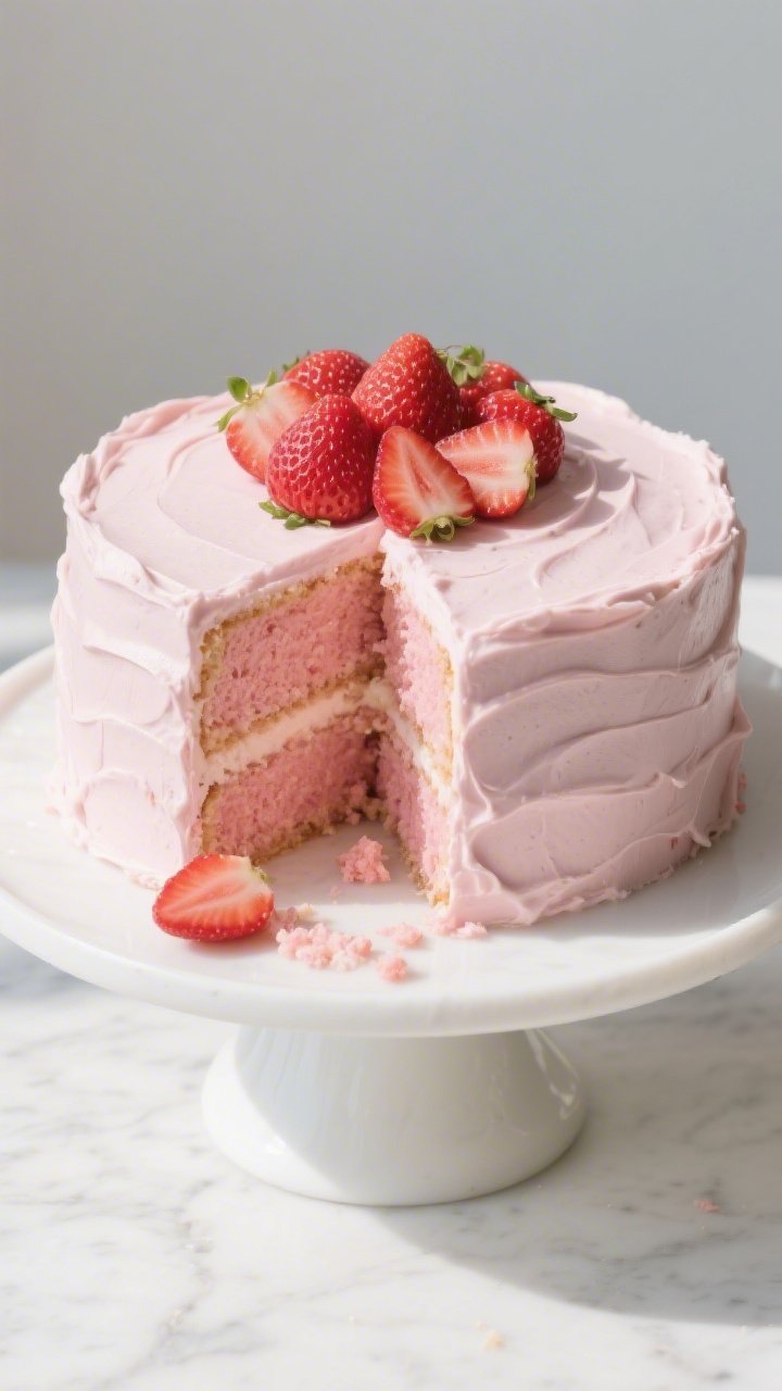 Final dish top view: Overhead shot of a fully frosted two-layer strawberry cake with semi-naked side