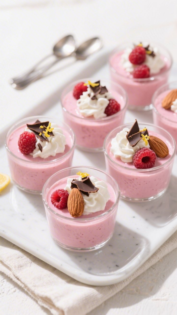 Final dish top-view: Overhead shot of chilled raspberry pudding set in small clear glass cups on a m