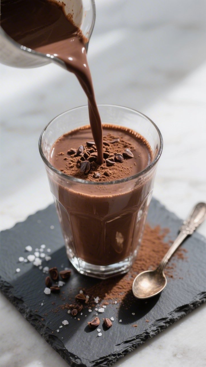 Tasty top view – café-style finish: Overhead shot of a poured chocolate smoothie in a chilled cle
