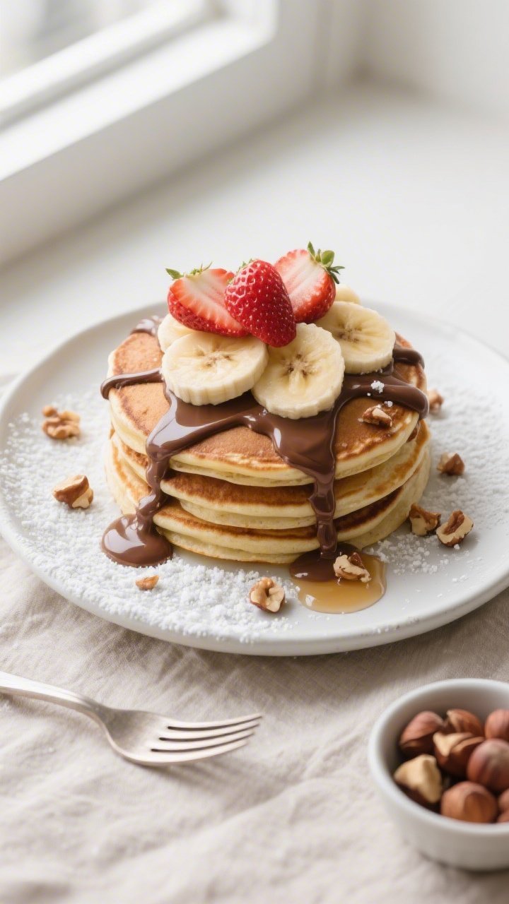 Tasty top view: Overhead shot of a stacked plate of Nutella pancakes on a matte white plate, topped 