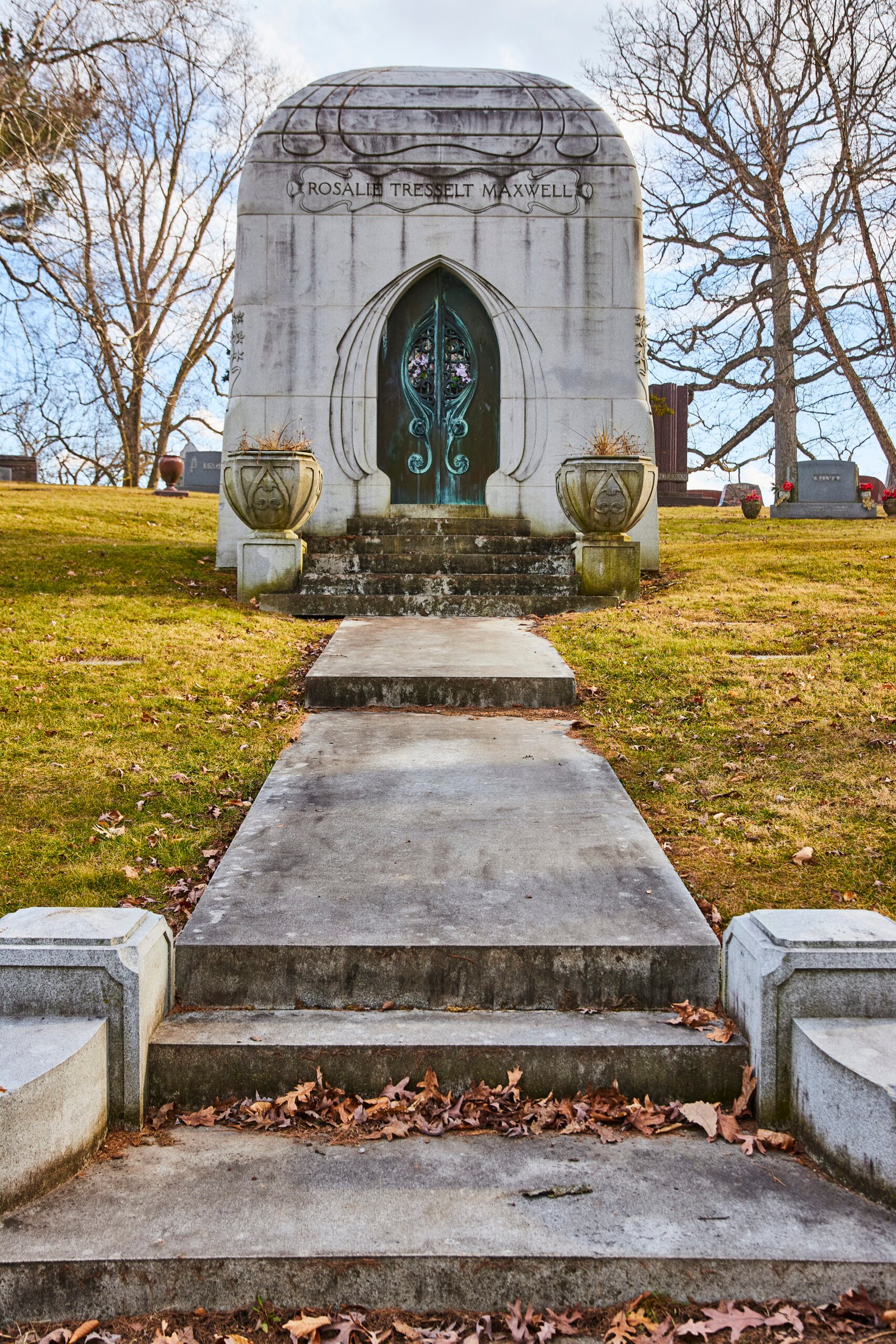 An ornate above-ground mausoleum, similar to those in New Orleans cemeteries