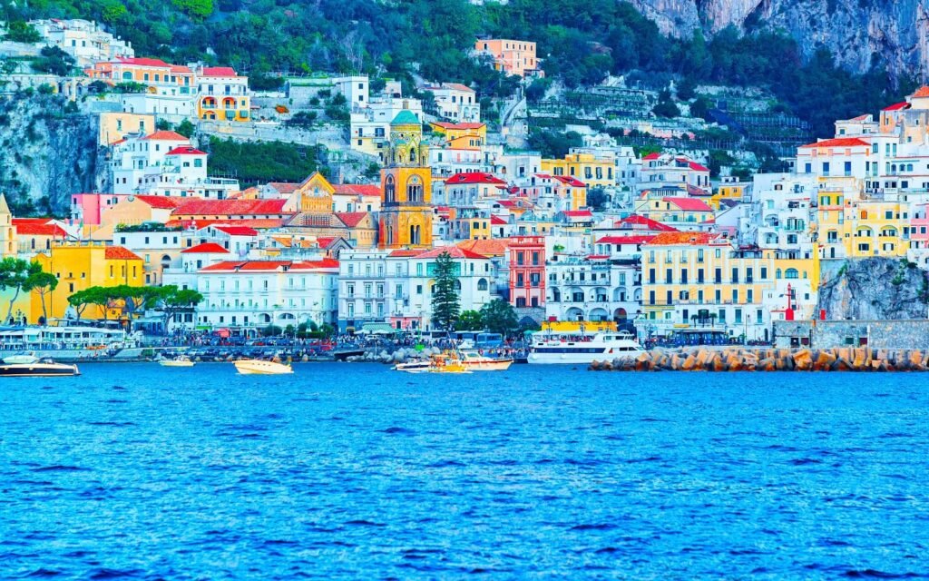Panoramic view of an Amalfi Coast town by the Tyrrhenian sea