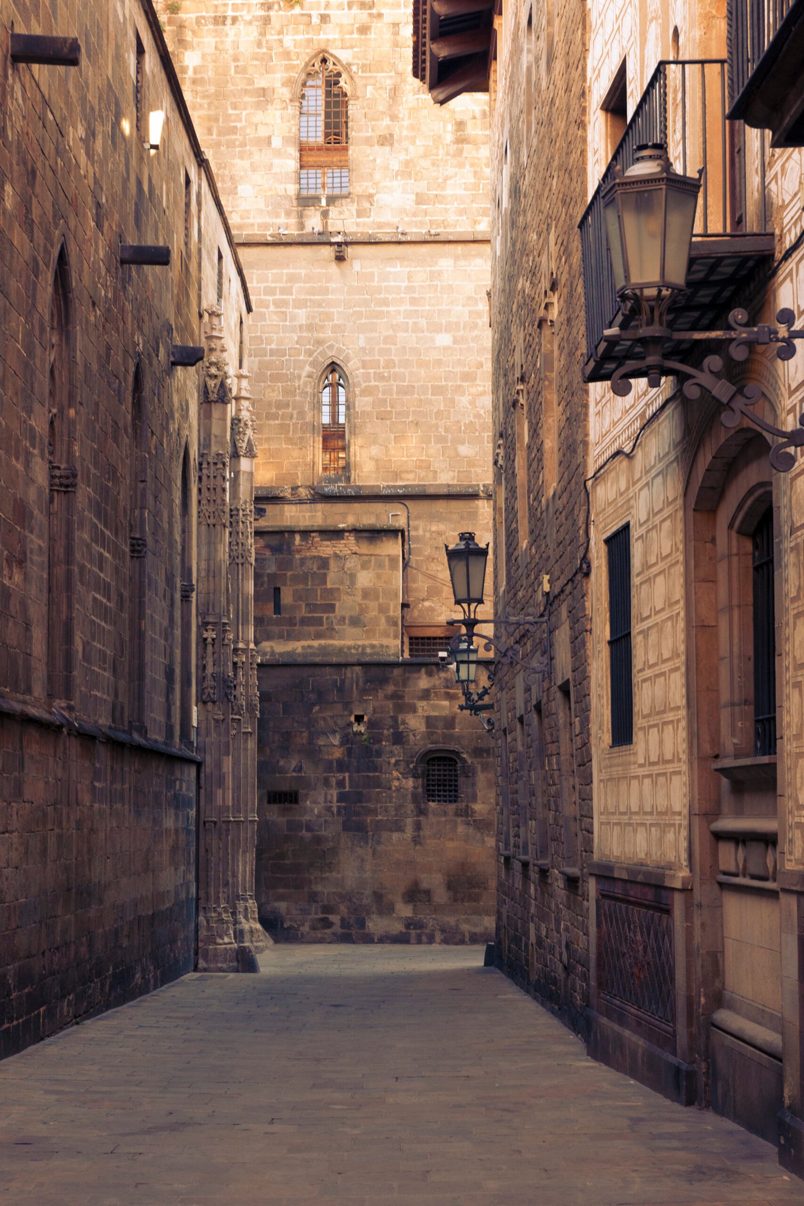 Narrow medieval street in the Gothic Quarter of Barcelona
