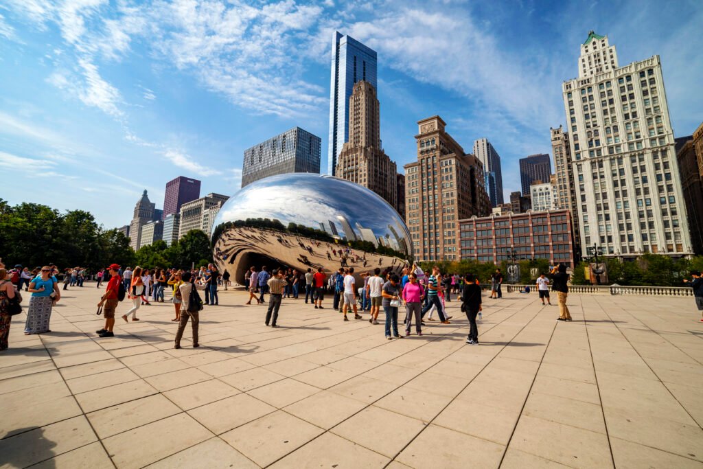 The Cloud Gate sculpture known as the Bean at Millennium Park in Chicago