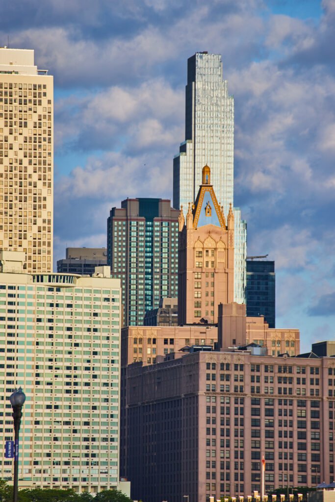 Group of skyscrapers in downtown Chicago at sunrise