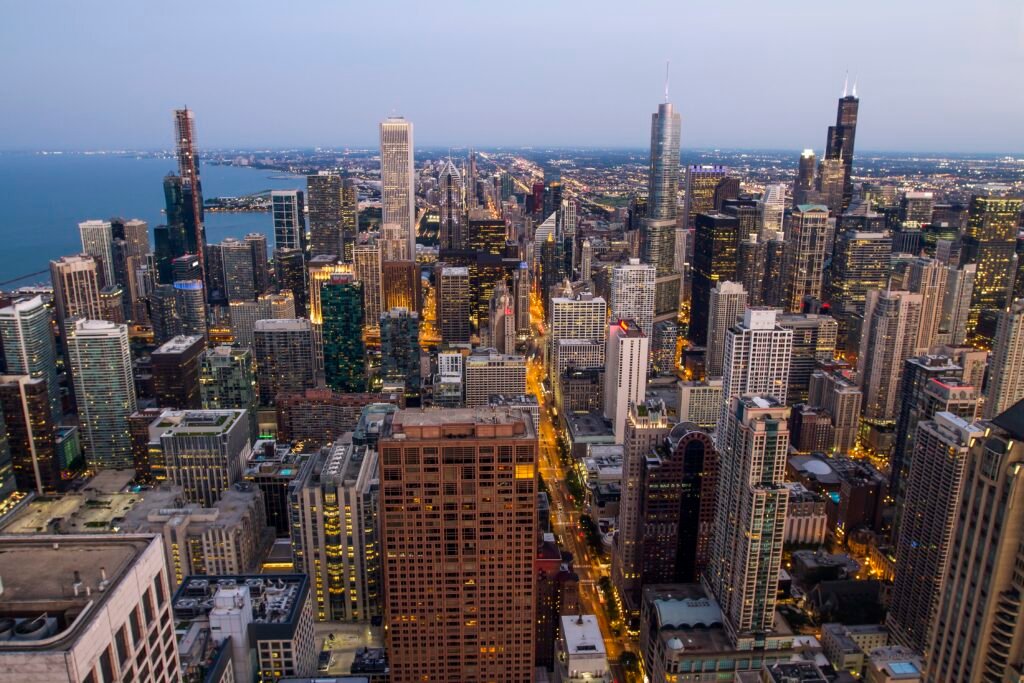Aerial view of the Chicago skyline in the evening