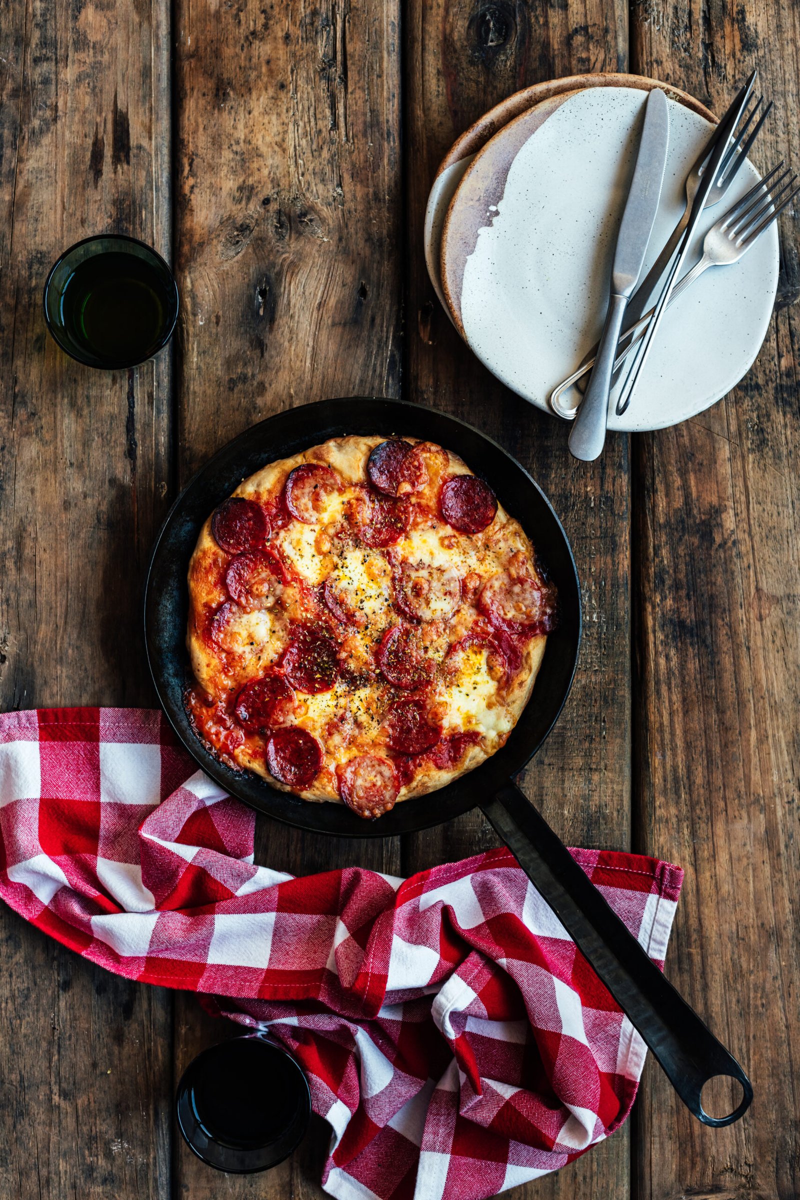 High angle view of a Chicago-style pizza on the table