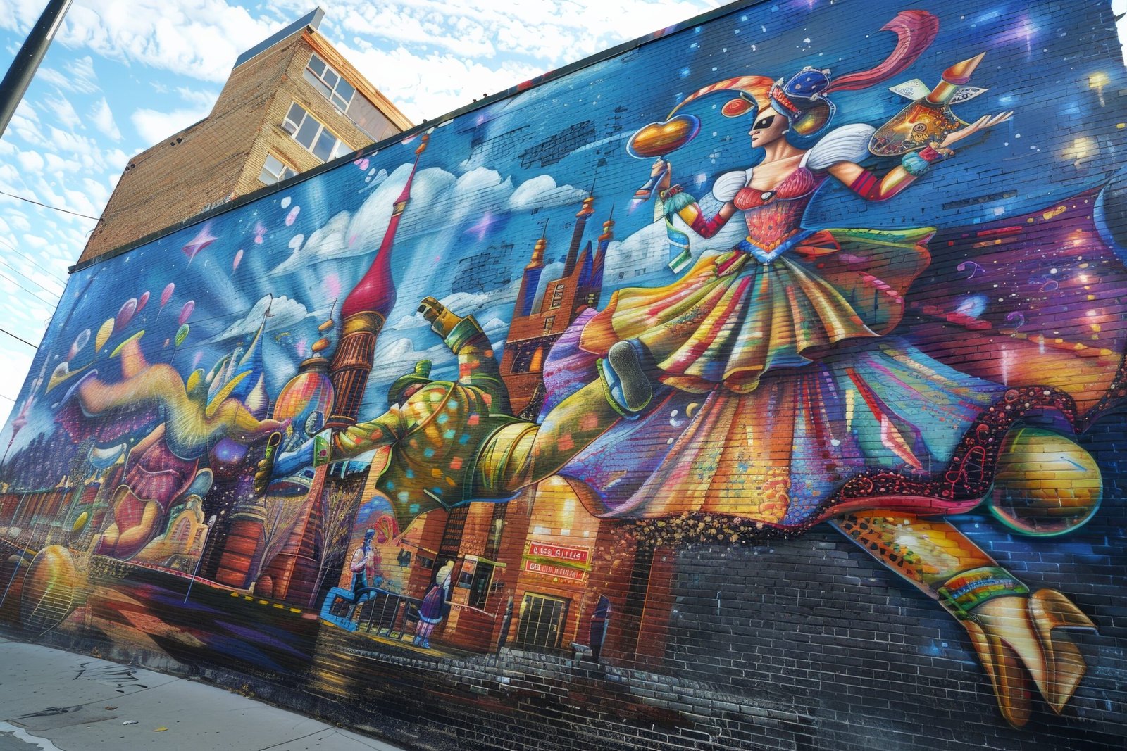 A colorful street art mural on a building wall in a creative city neighborhood