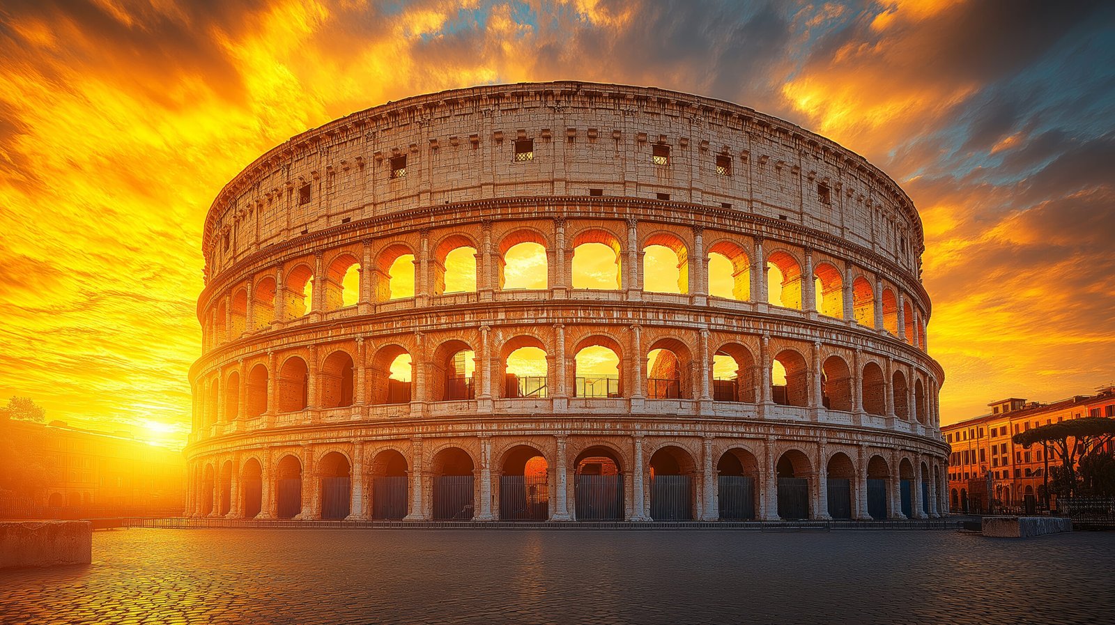 The vast Roman Colosseum at golden dawn