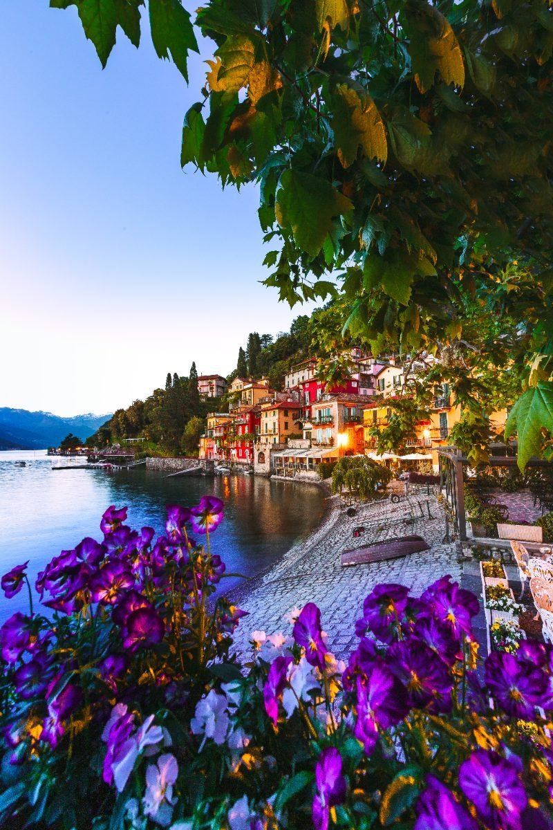 Varenna on Lake Como at sunset with flowers