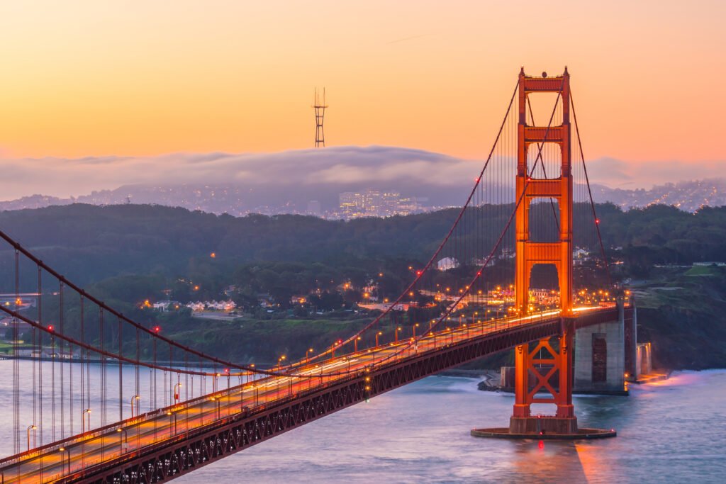 The Golden Gate Bridge in San Francisco at sunrise