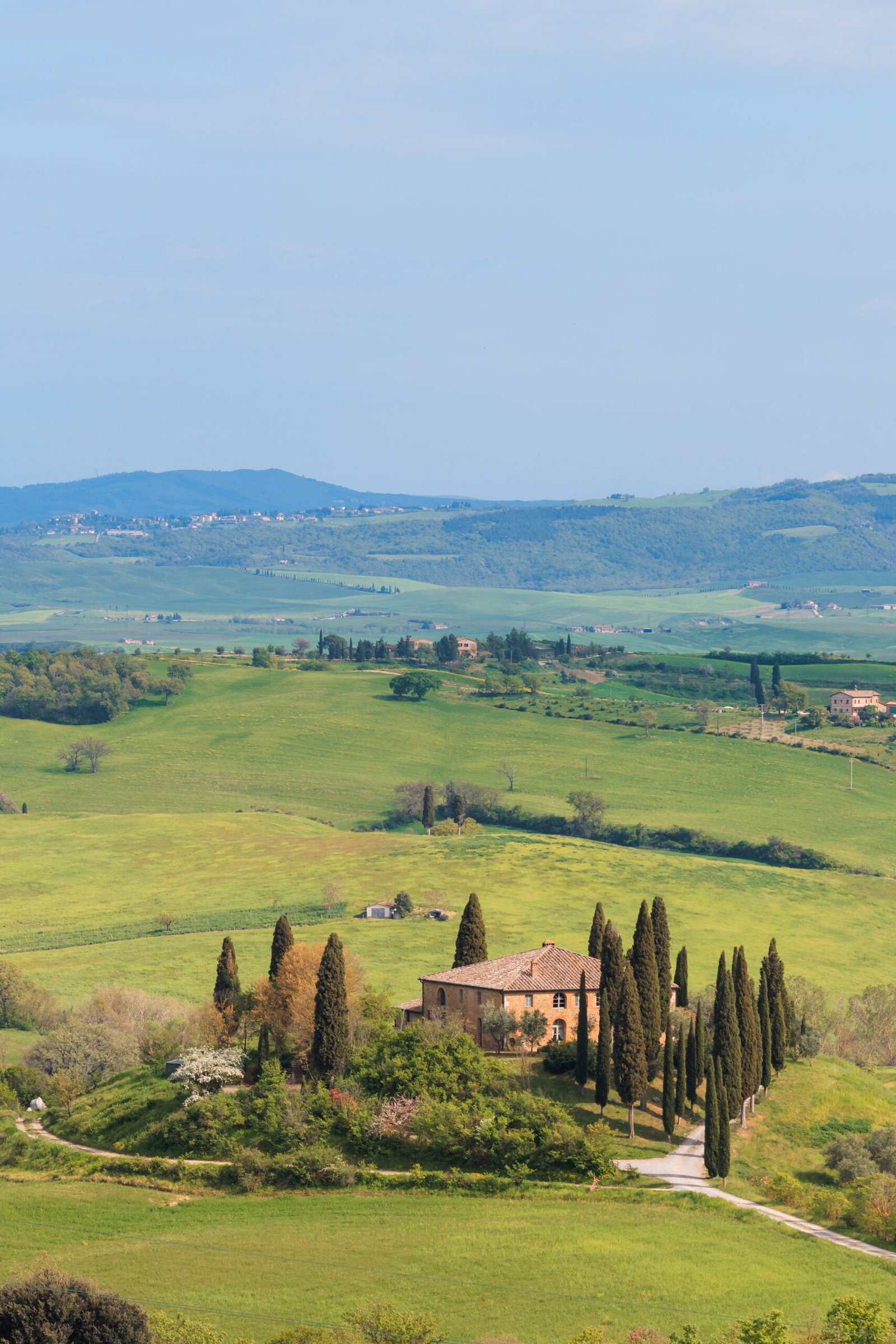Rolling hills and cypress trees in the Tuscan countryside