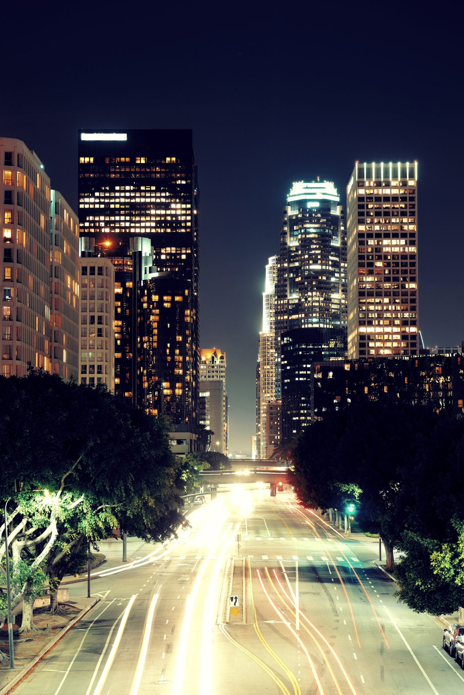 Los Angeles downtown skyline at night with light trails