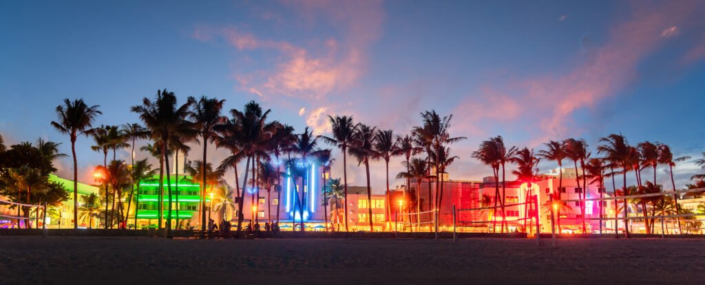 Miami Beach Ocean Drive panorama at sunset with Art Deco buildings