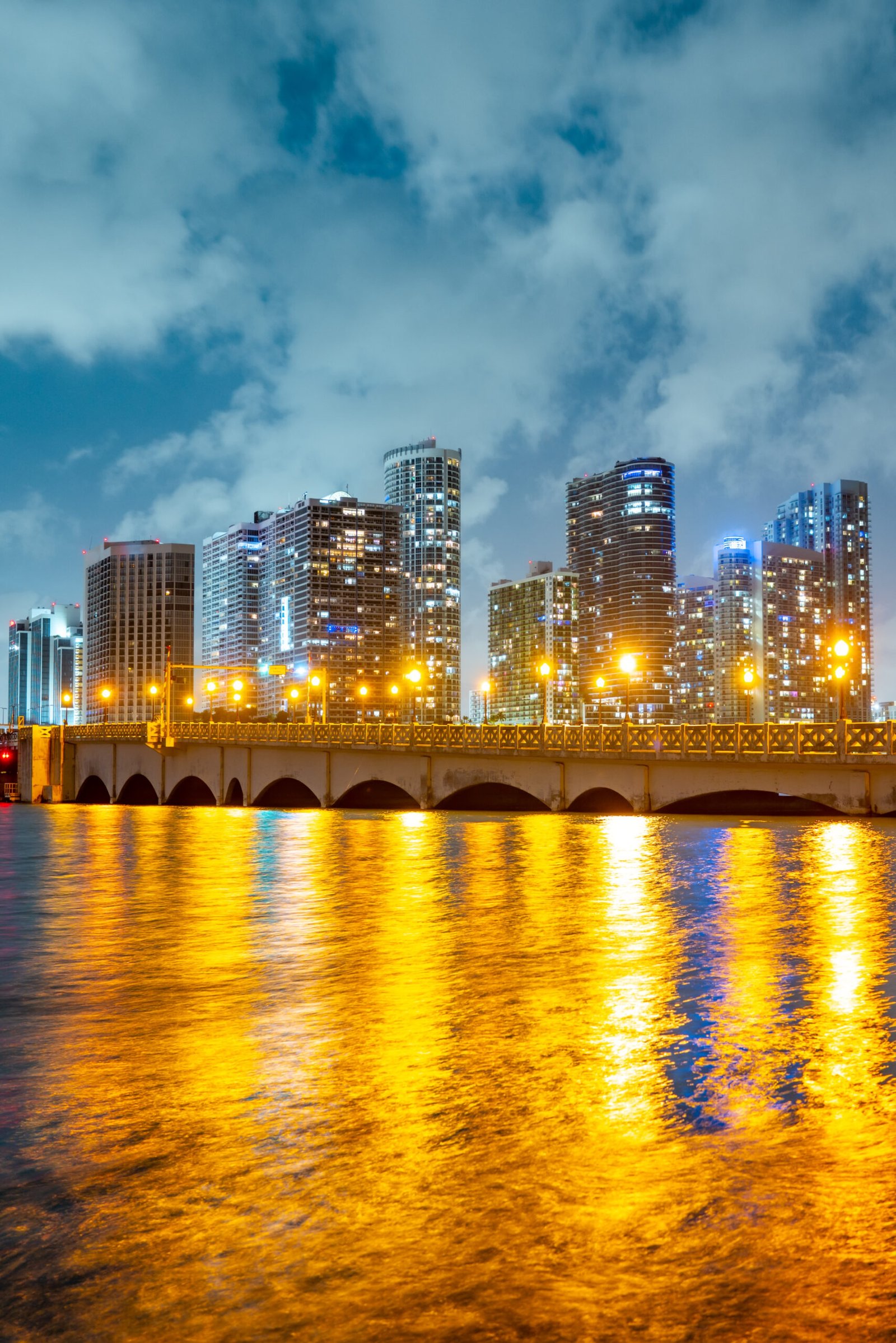 Miami skyline at sunset over the Macarthur Causeway