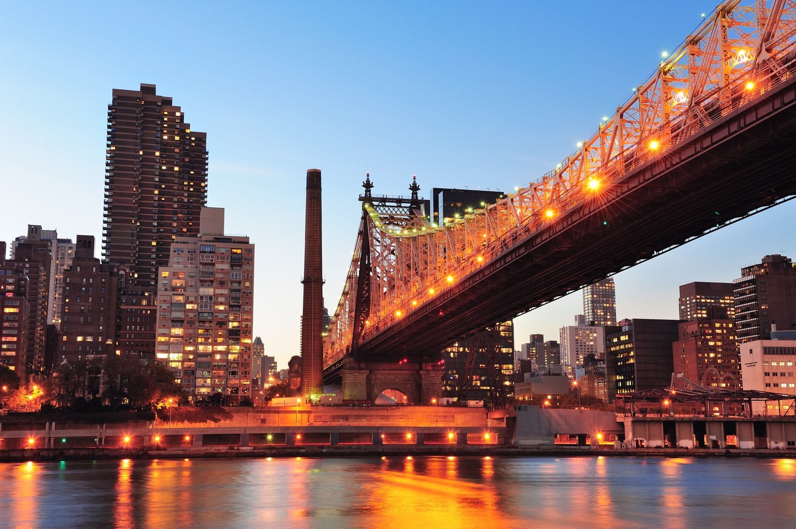 Queensboro Bridge over the East River at sunset with Manhattan skyline