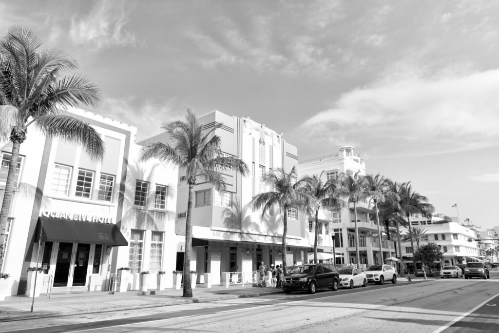Iconic Ocean Drive with Art Deco hotel buildings in Miami, Florida