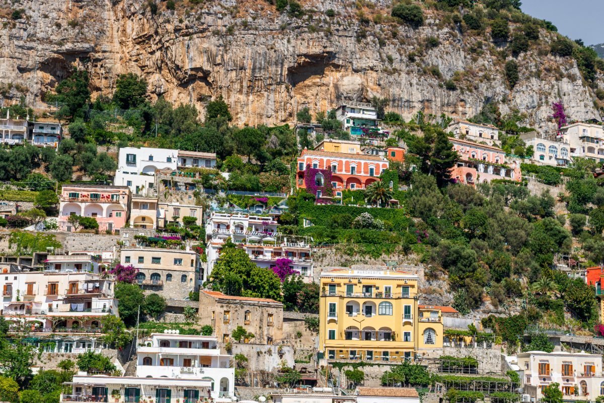 Colorful buildings above Positano's beach