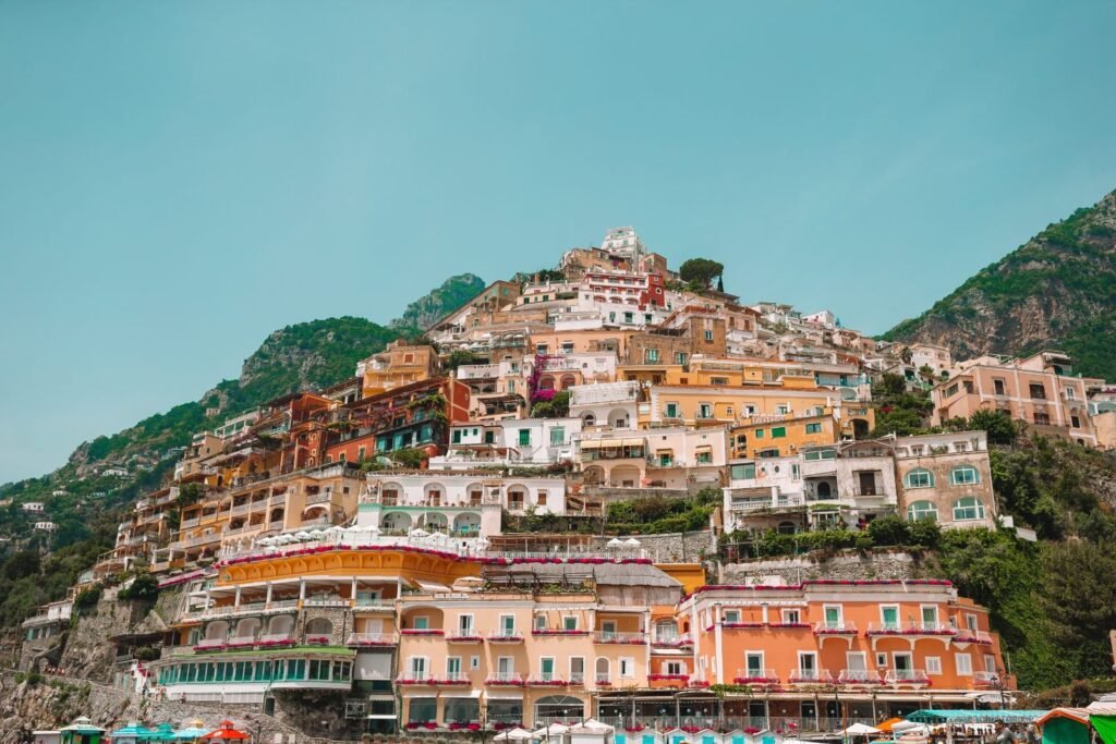 Scenic view of Positano and its beach on the Amalfi Coast