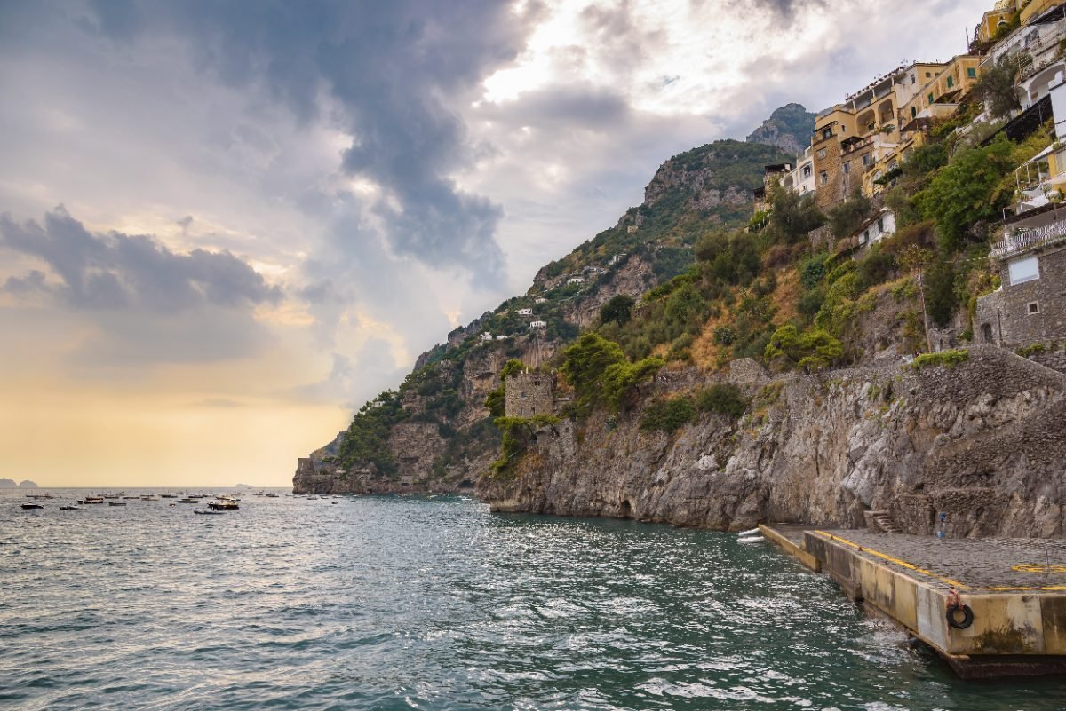Cliff coast of Positano at sunset