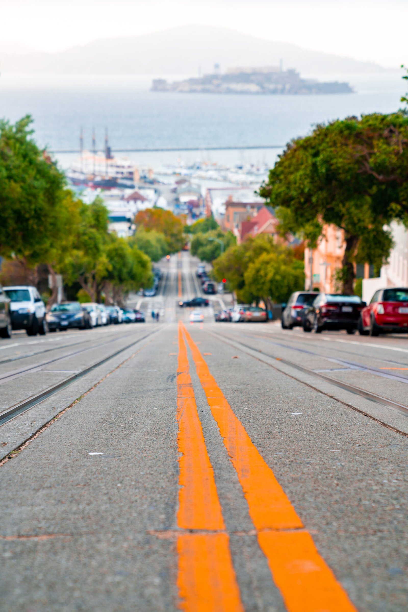 A traditional cable car on a San Francisco street