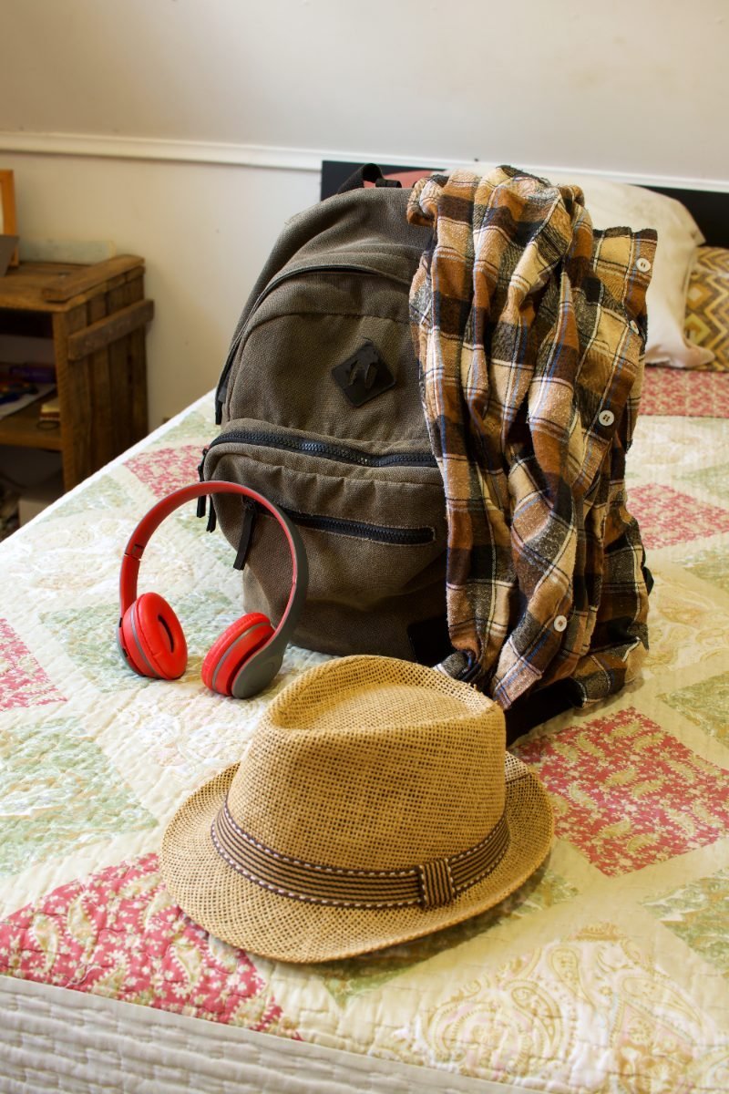 A travel backpack packed and ready