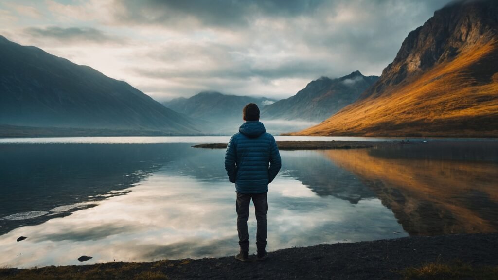Solo traveler standing at the edge of a mountain lake admiring the view