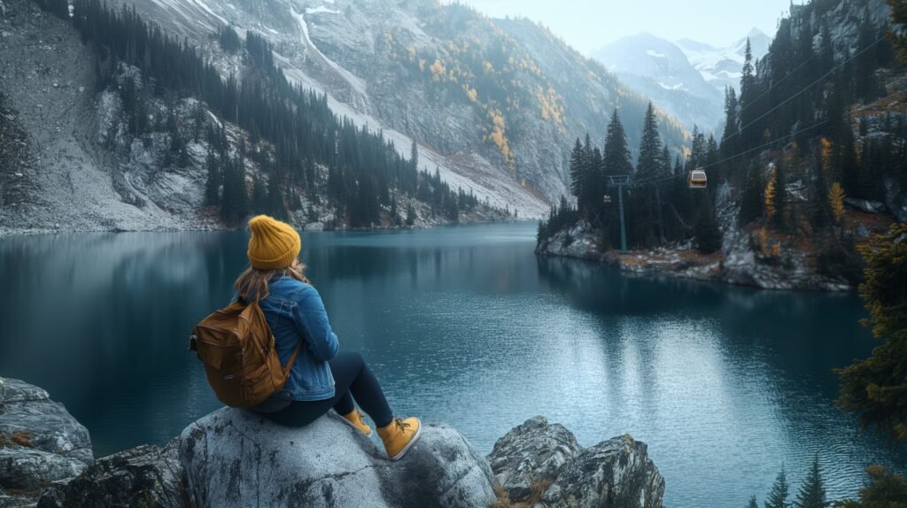 Solo traveler admiring peaceful mountain lake view
