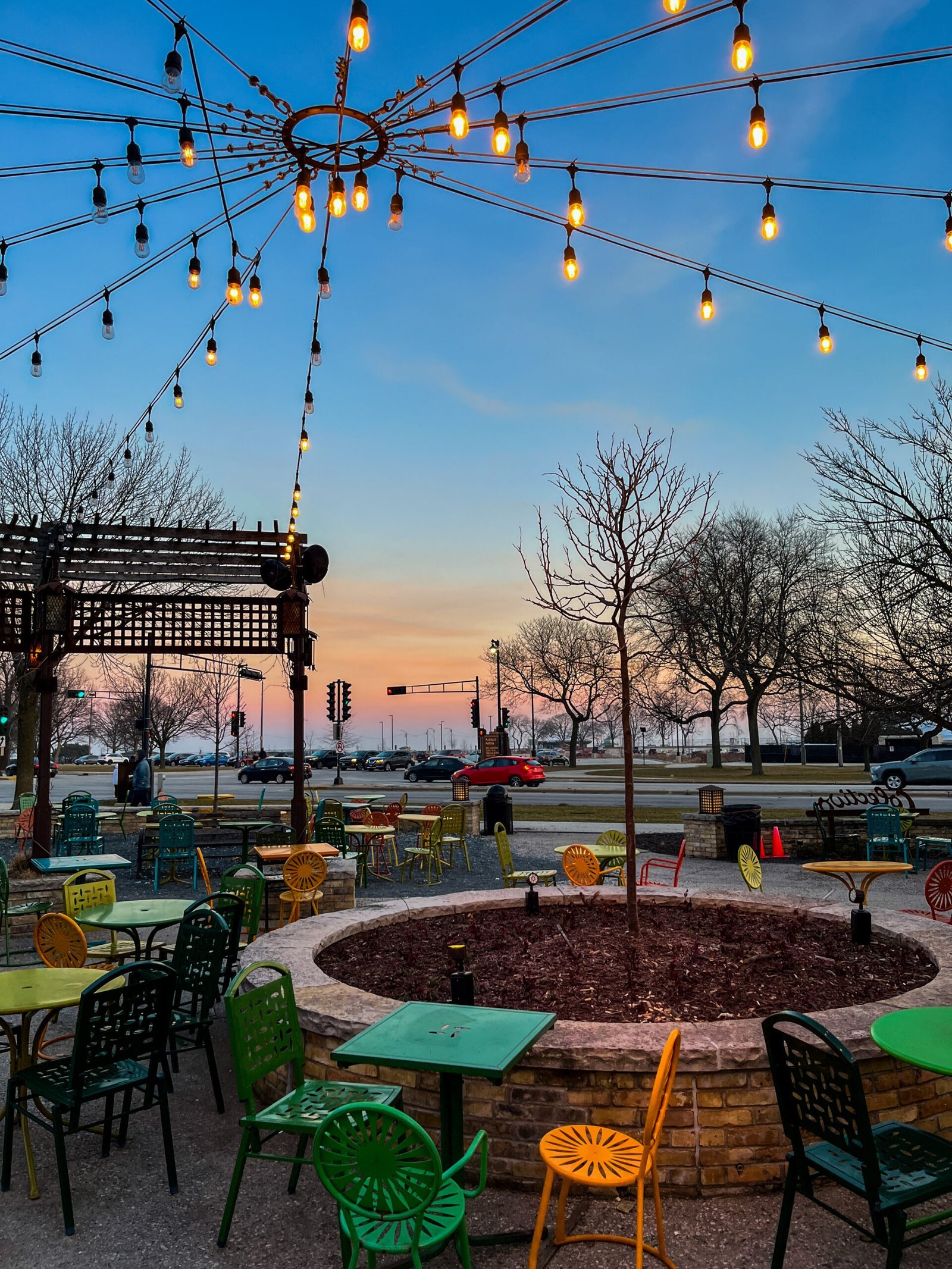 Outdoor restaurant with string lights at night on South Congress Avenue Austin