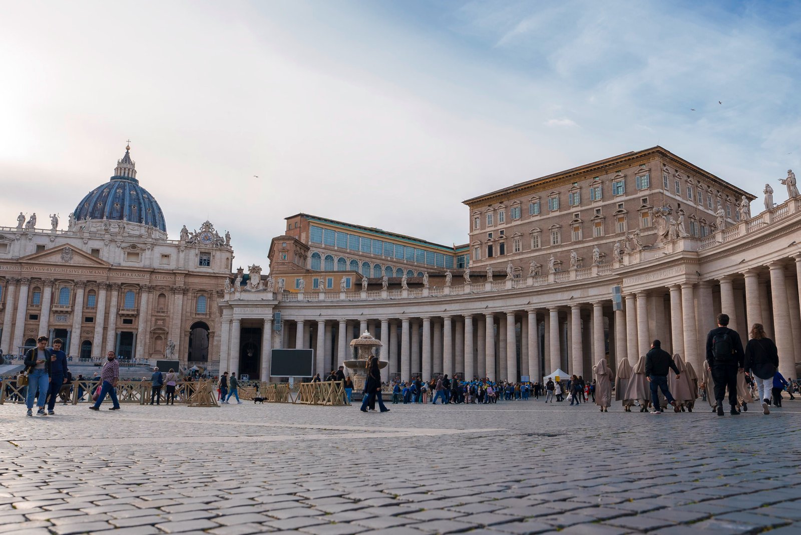 Panoramic view of St Peters Basilica and Square at sunrise in Vatican City