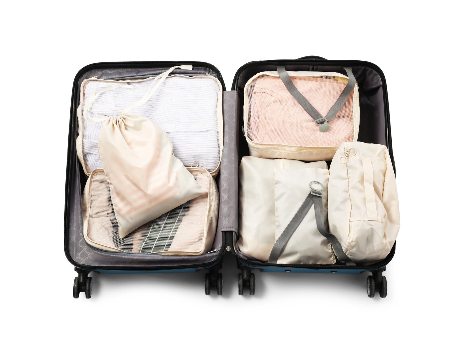Open suitcase organized with packing cubes top view