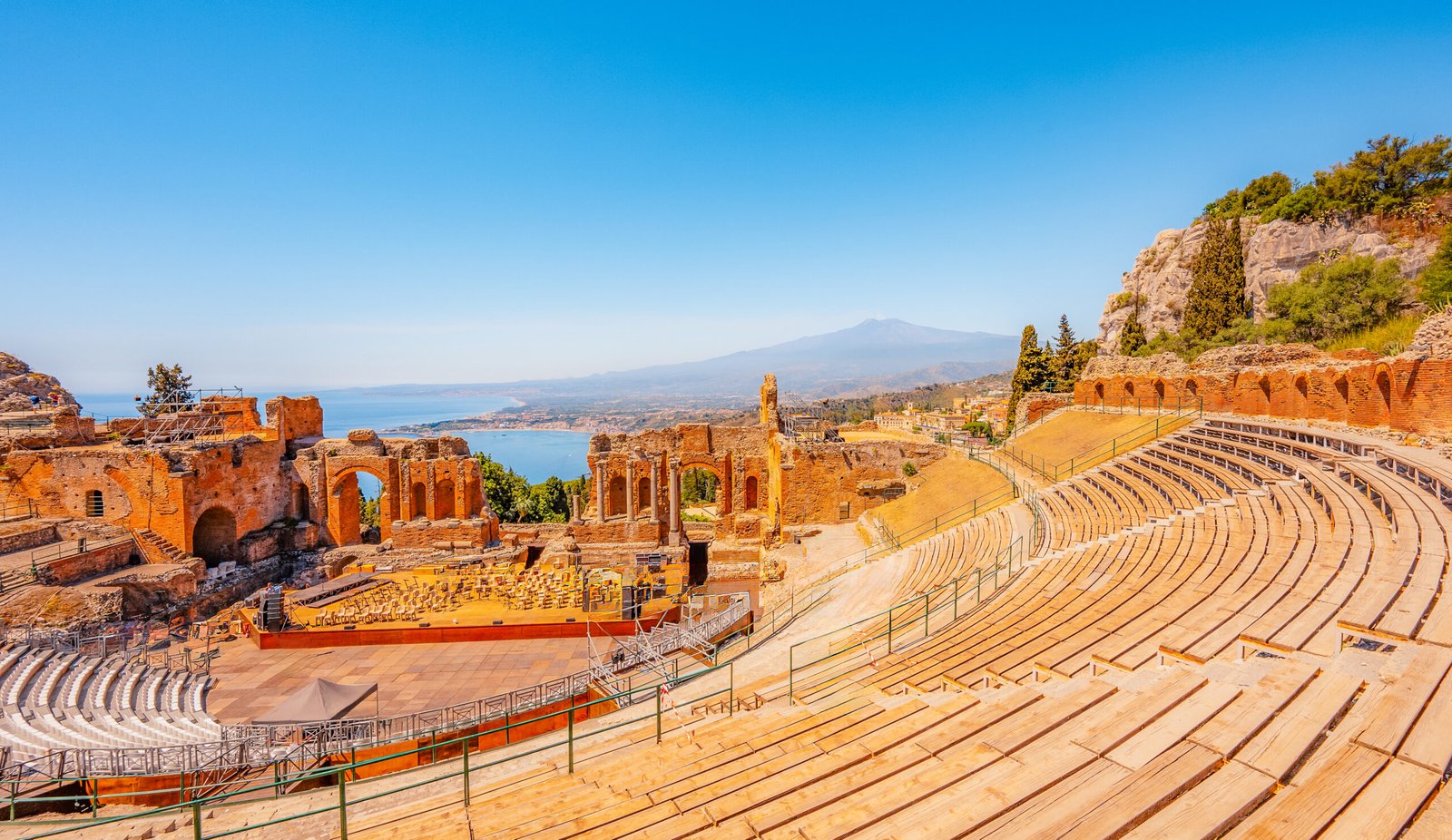 Ancient Greek theater of Taormina with Mount Etna in the background, Sicily