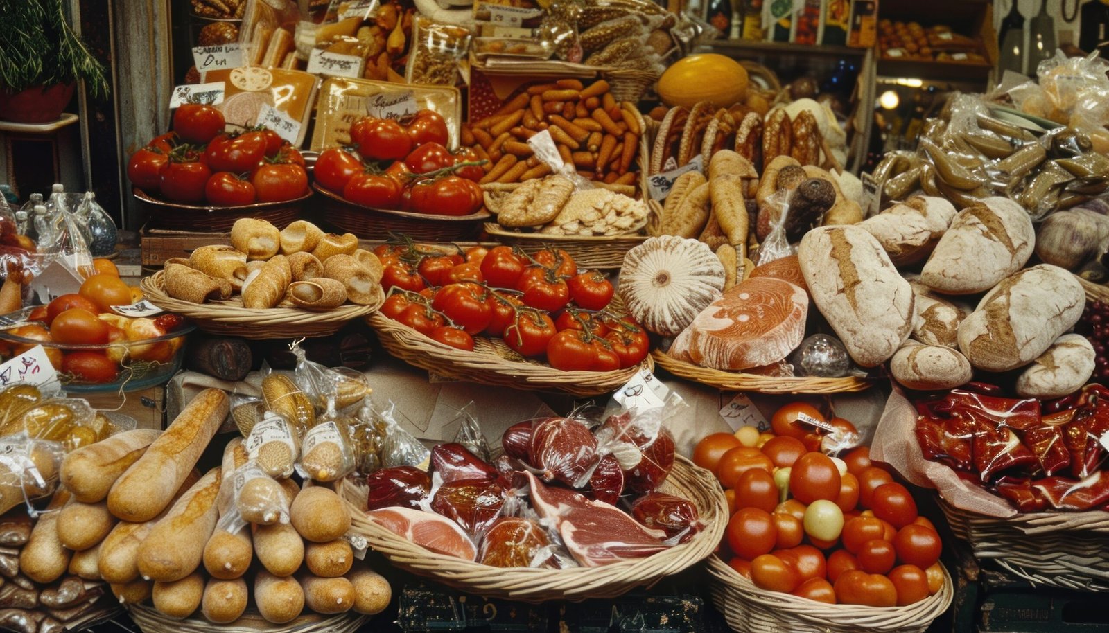A traditional European market with a display of local food delicacies