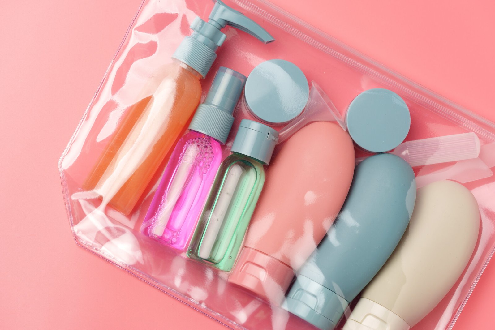 Clear plastic bag containing travel-sized toiletries