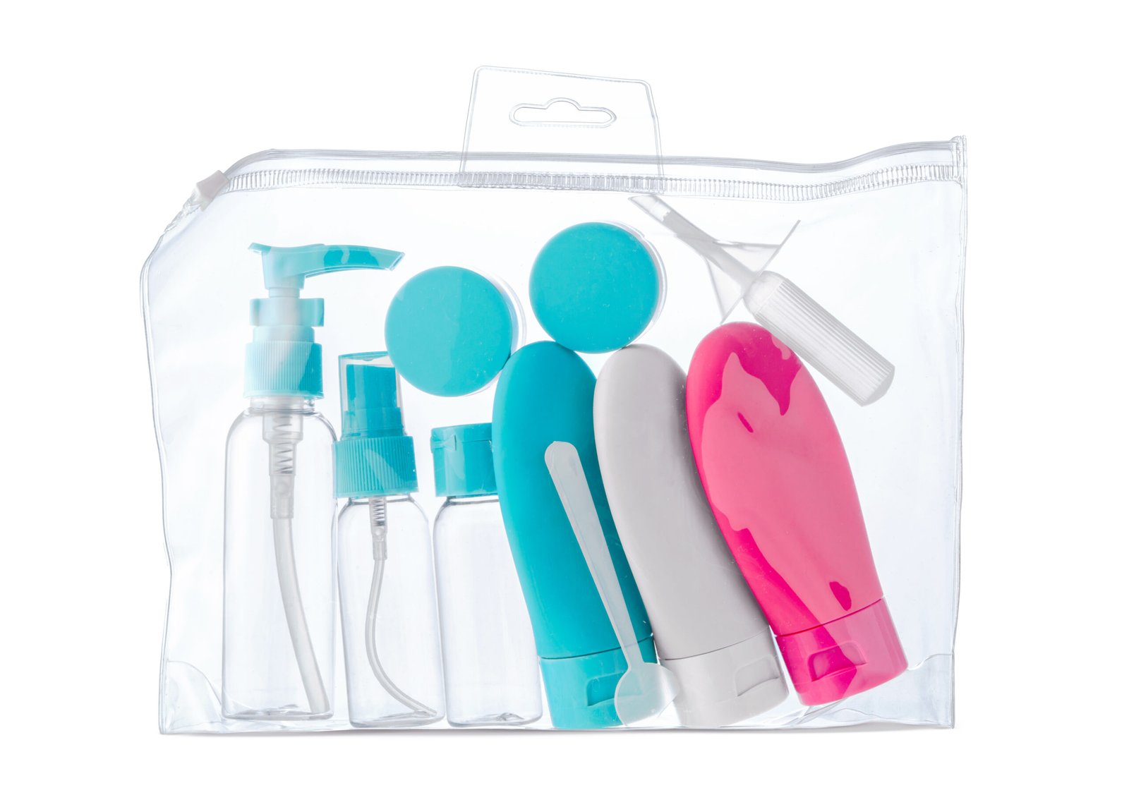 Travel-sized toiletries organized in a clear zip bag