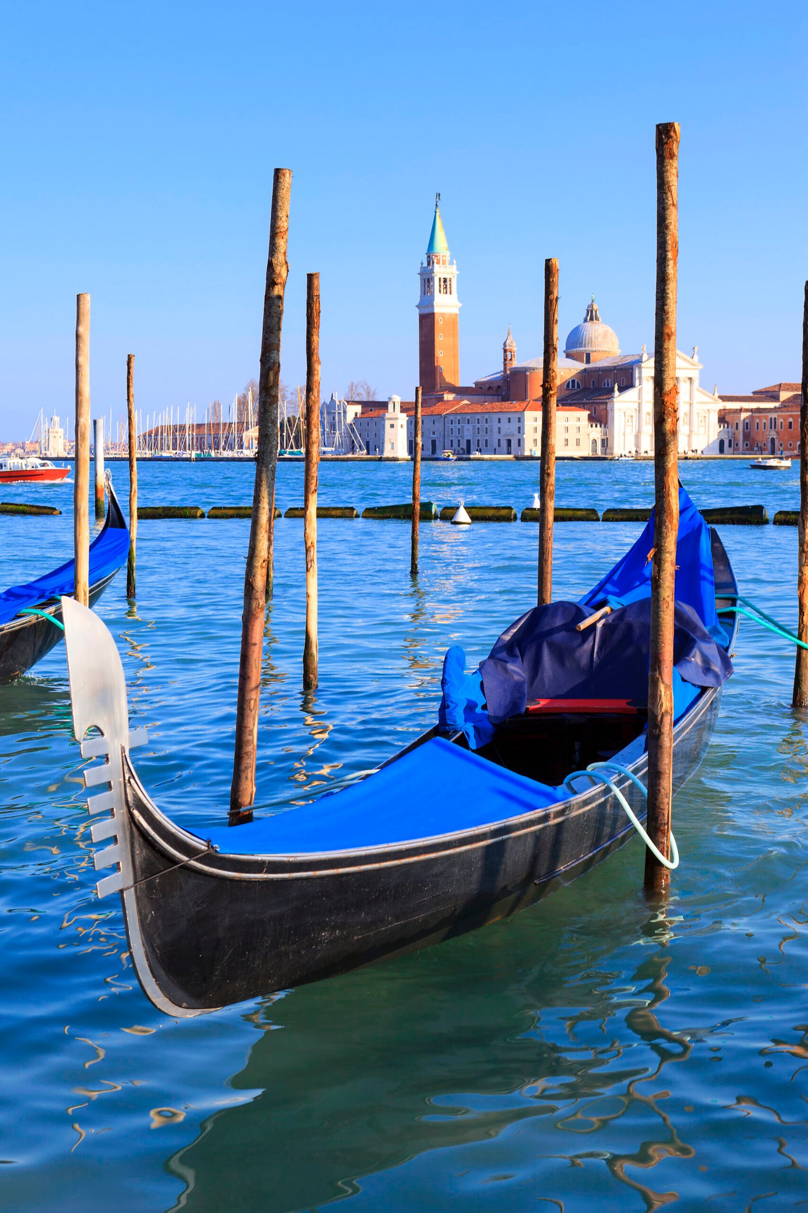 Vertical view of the Grand Canal with gondolas in Venice