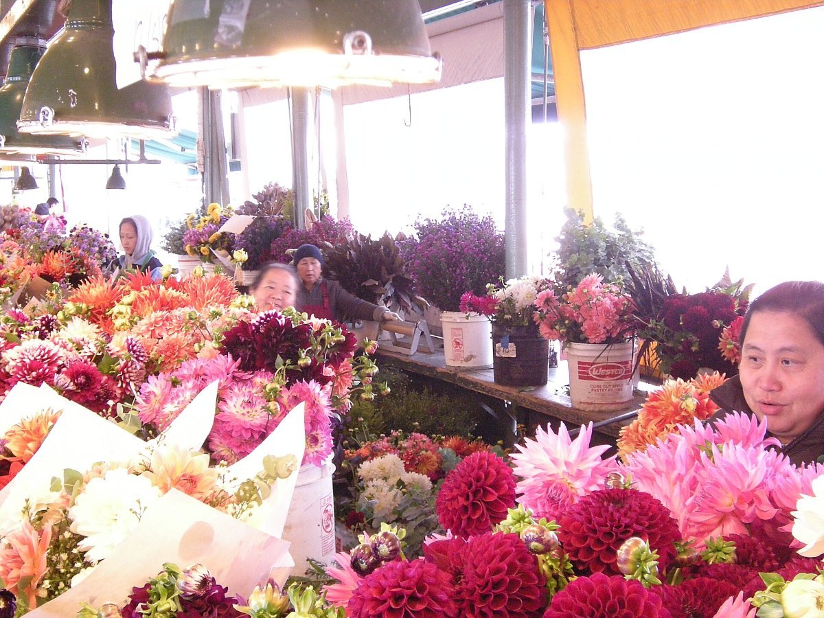 Flower stalls inside Pike Place Market