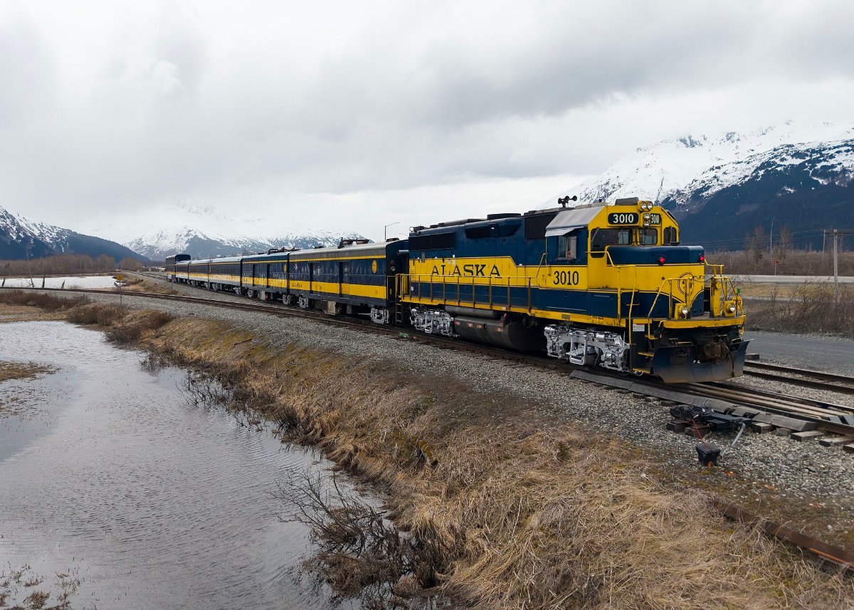 An Alaska Railroad passenger train near Portage