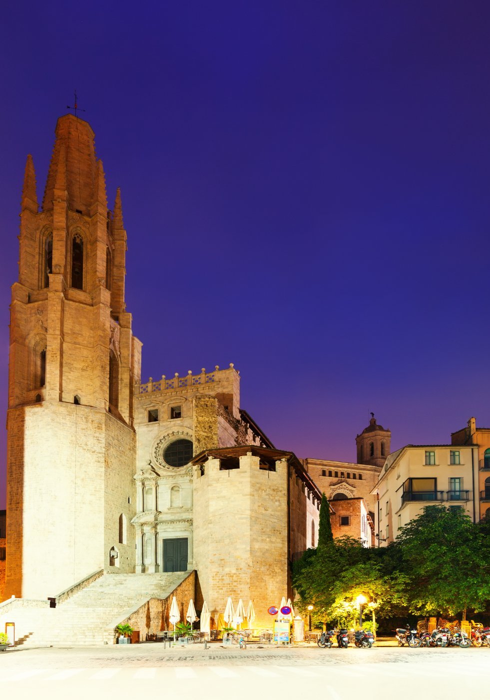 The Church of Sant Feliu lit up at night in Girona, Catalonia, Spain