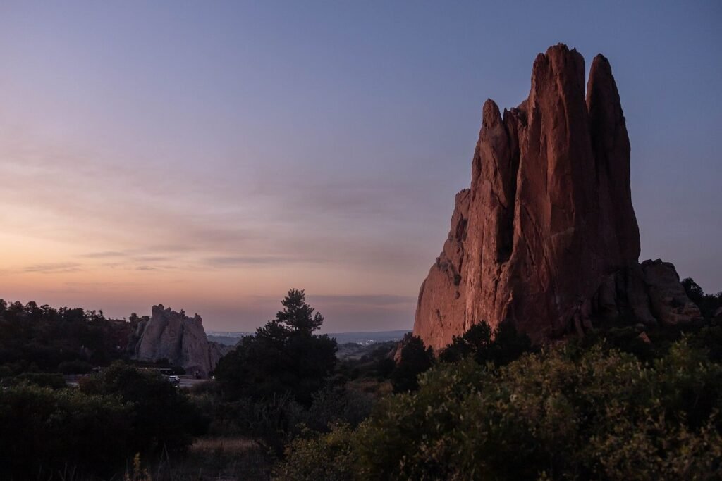 Red rock formations at sunrise in Garden of the Gods, Colorado