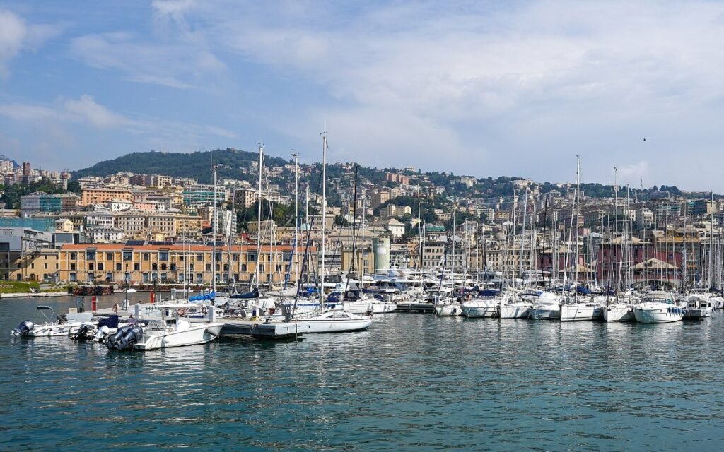 Sailing boats in the old harbour of Genoa, Italy